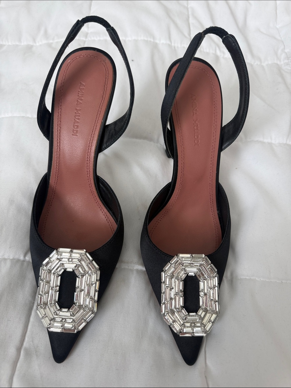 Amina Muaddi camelia Black Satin Slingback Pumps with Crystal Octagon Buckle